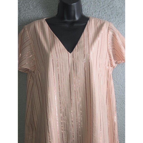 Anna Cate Veronica Dress S Peach Rose Gold V-Neck Ruffle Hem Metallic Stripe - Picture 2 of 10